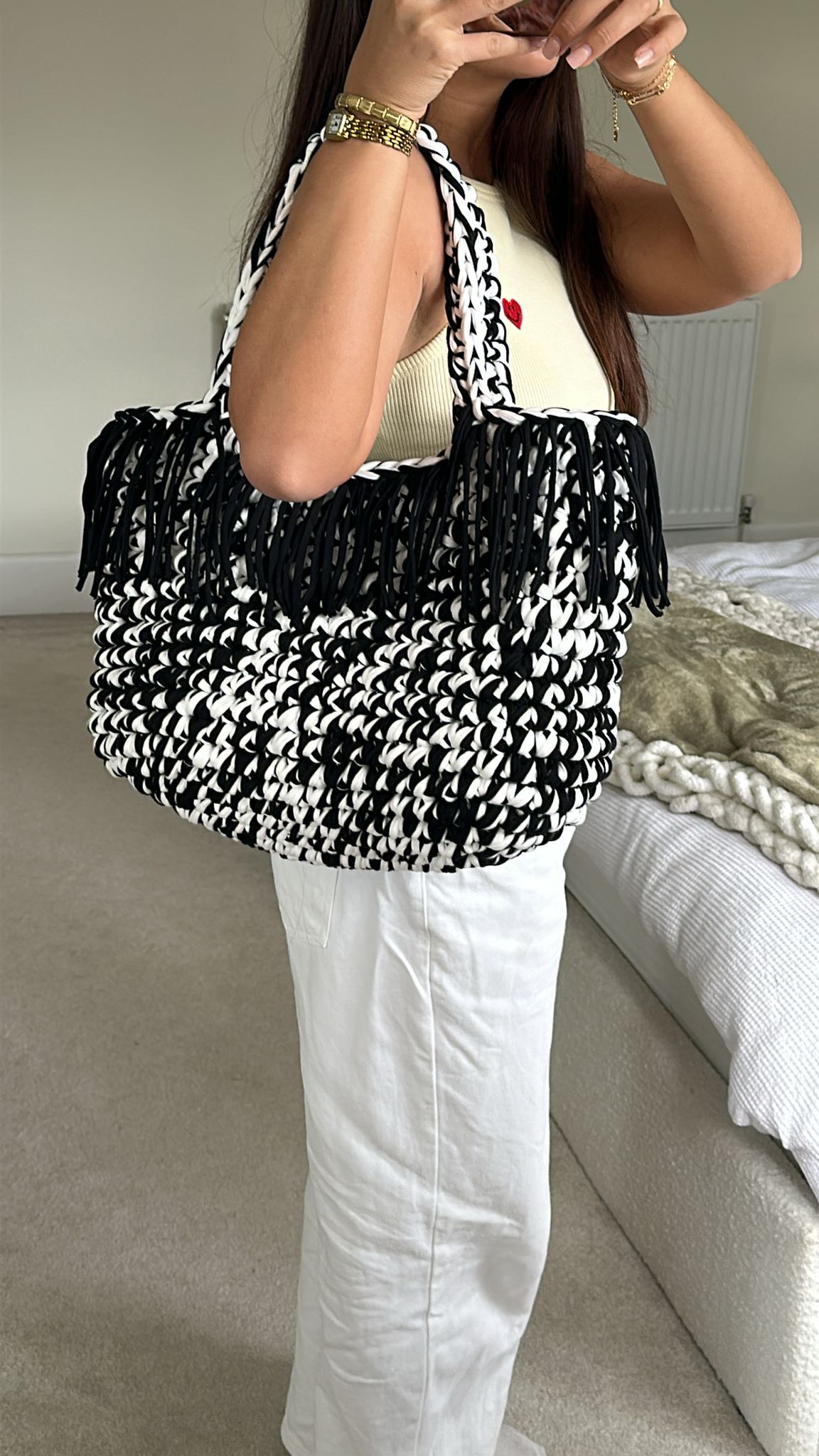 OG Beach Bag with Tassles - Black & White